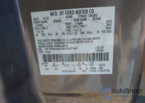 2008 Ford F-150 60Th Anniversary/Fx4/King Ranch/Lariat/Xlt z USA, uszkodzony, nr VIN 1FTPW14V18KB97141